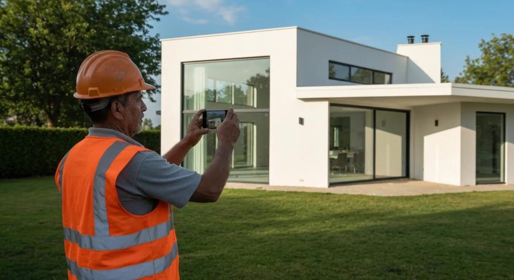 A construction worker taking a photo with his phone inside a renovated living room