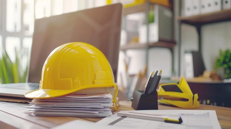 A clean, professional desk scene showing a stack of construction documents neatly arranged beside a yellow hard hat, with an open laptop on a wooden desk. Bright natural lighting, modern office aesthetic, minimal clutter. Photorealistic, high detail, suitable for a construction technology website hero image