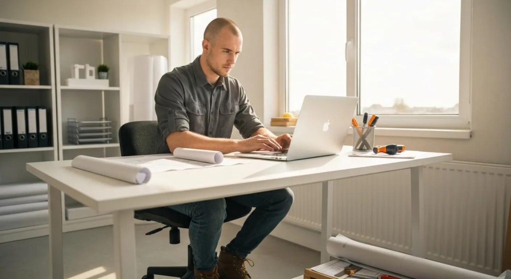 A construction worker on a laptop at a desk