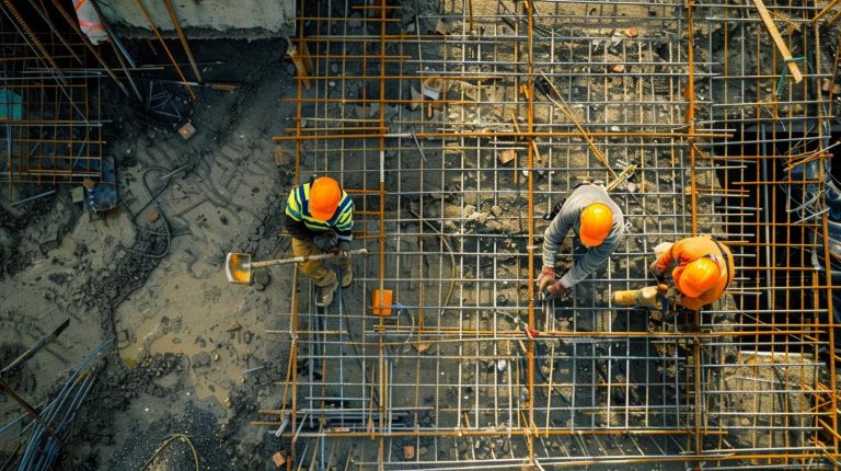 A realistic, documentary-style photo of a team of construction workers on a building site