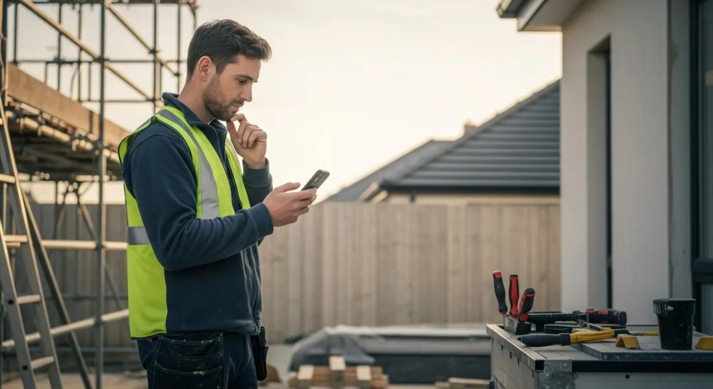 Tradesperson using an AI call-answering system on a construction site