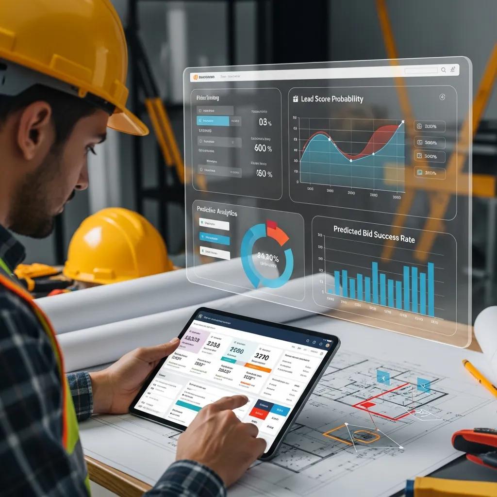 Construction professional using a tablet to analyze predictive lead scoring data