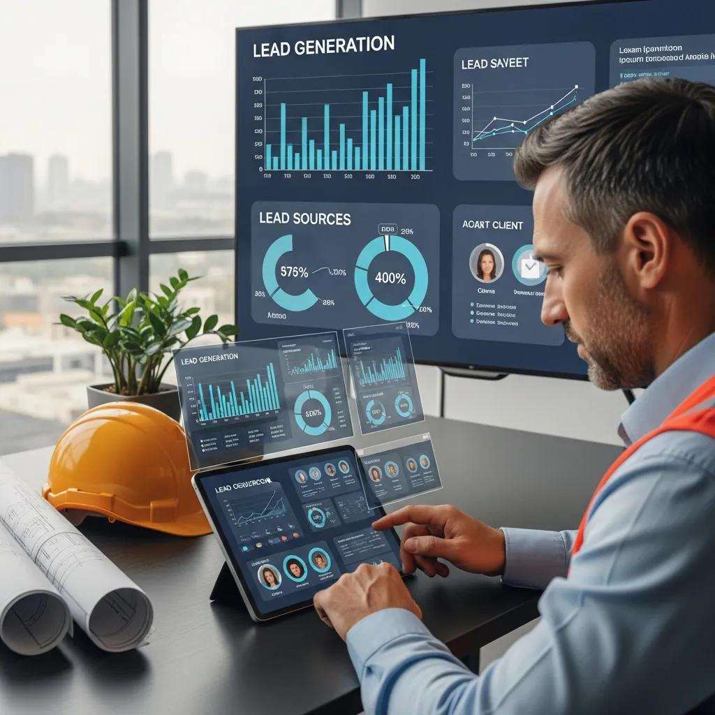 Construction professional using AI data analysis for lead generation in a modern office