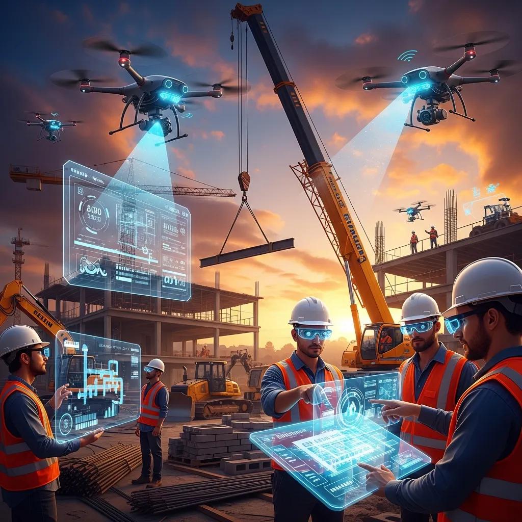 Construction site with AI technology integration showcasing workers using digital tools