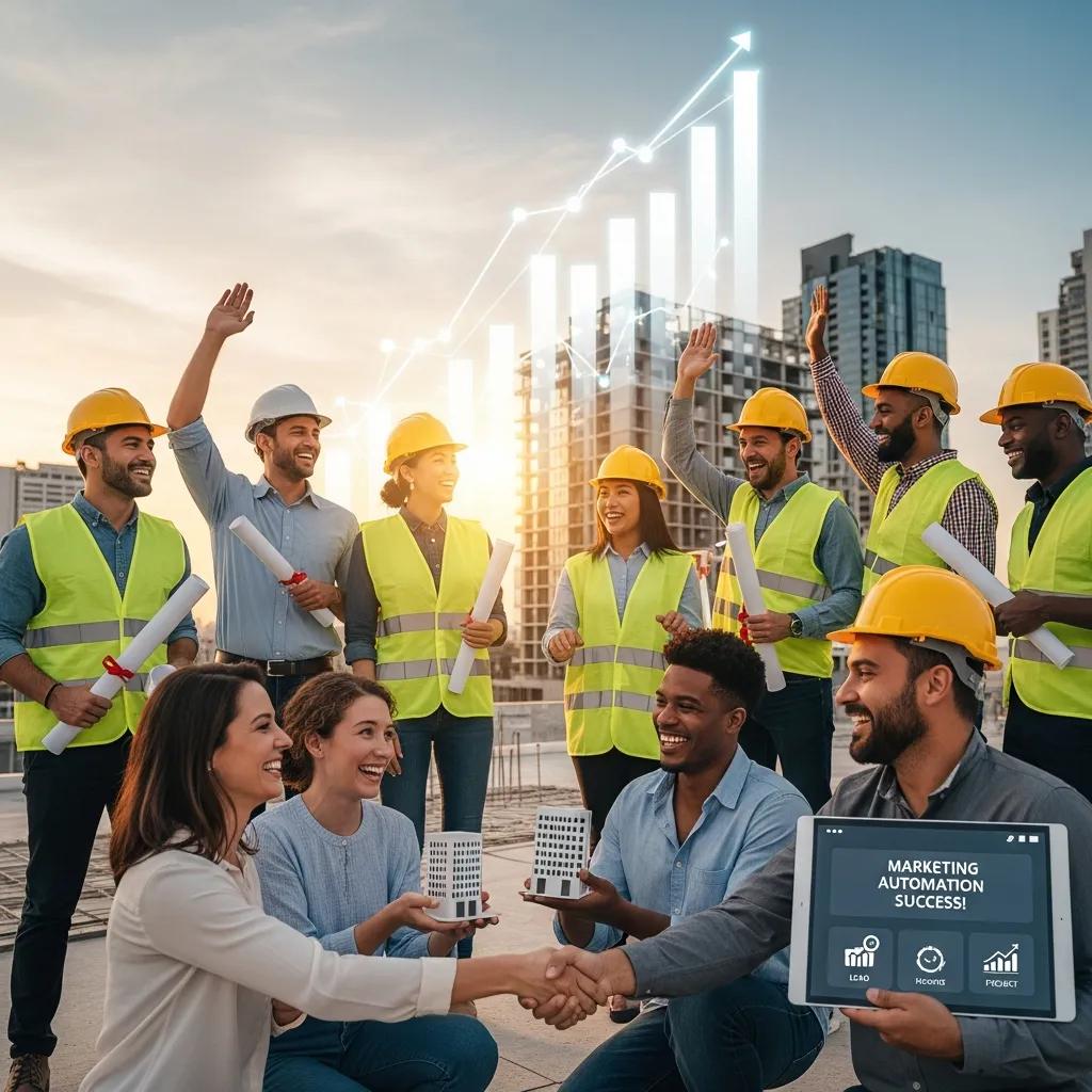 Construction team celebrating success with visual elements of growth and client satisfaction