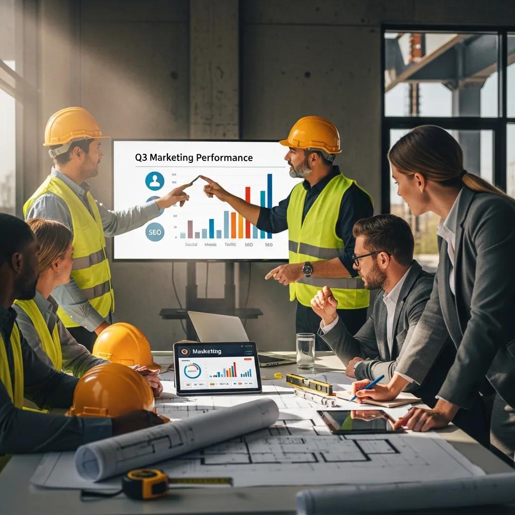 Construction team collaborating on marketing automation strategies in a meeting