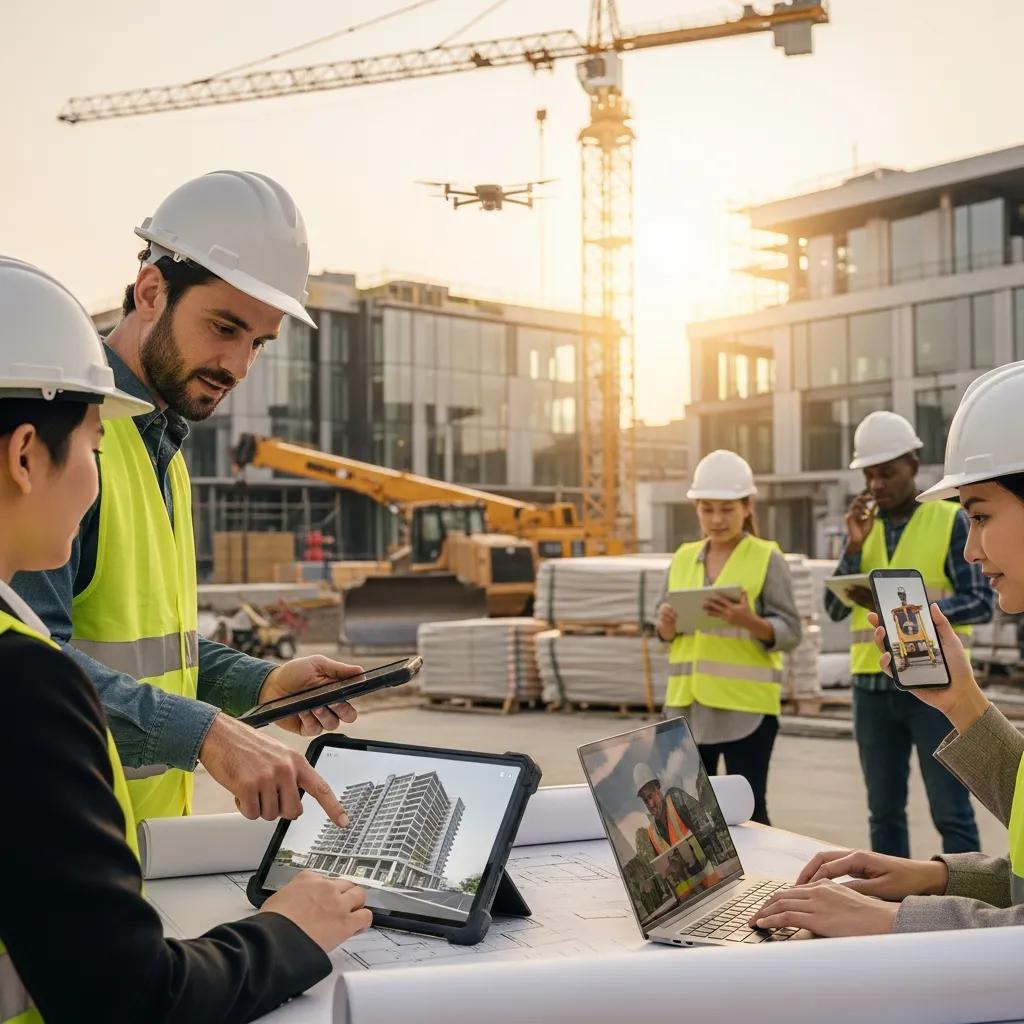 Construction workers using digital devices for marketing automation in a modern construction site