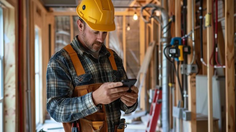 An electrician typing a message on his phone while he is at a job site, show unfinished electrical work and his tools