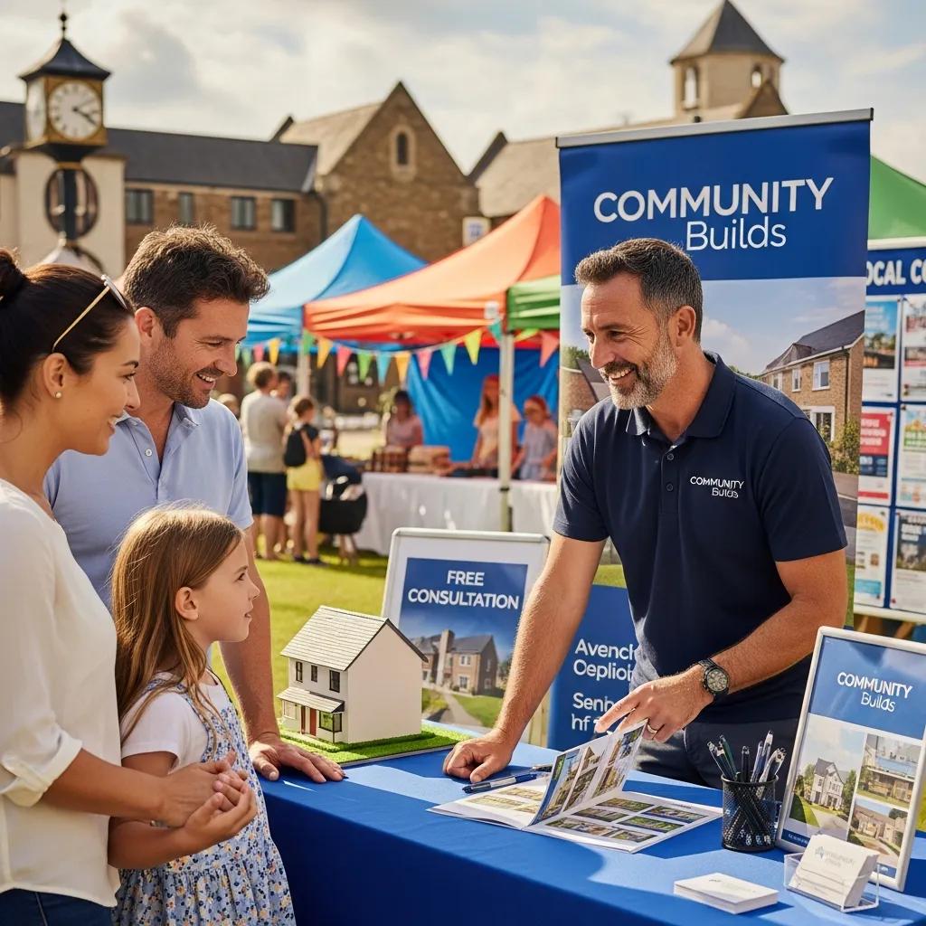 Builder engaging with a family at a community event, highlighting traditional marketing methods