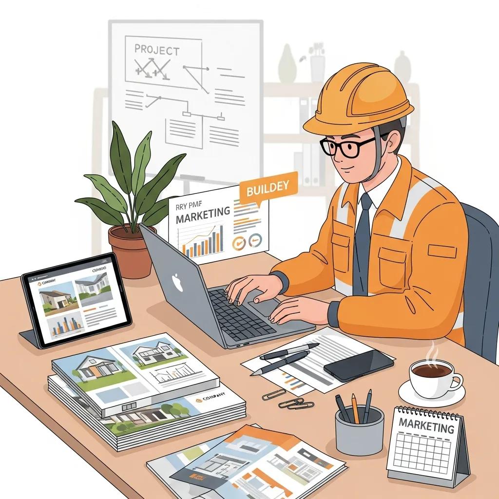 Builder reviewing hybrid marketing strategies with digital and print materials in a professional setting