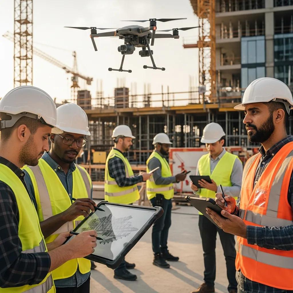 Builders using AI technology on a construction site, illustrating modern marketing strategies
