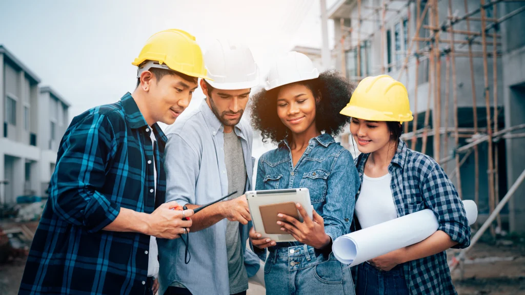 Construction manager and engineer reviewing plans on site