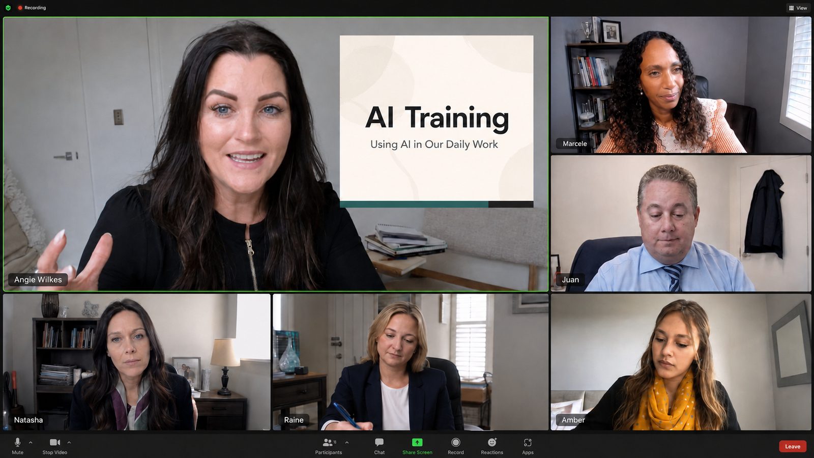 Angie Wilkes leading an online AI training session on Zoom